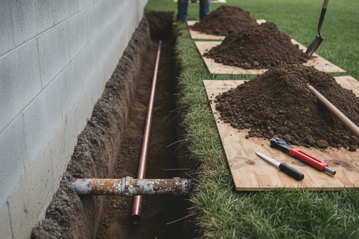 Excavated water line trench during Sewer Line Repair in Lanesville